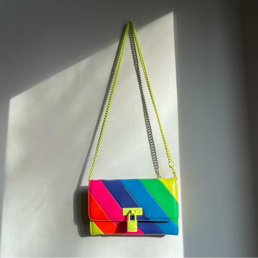 Kurt Geiger London Brixton Rainbow Leather Chain Wallet Neon Stripe Crossbody Ba